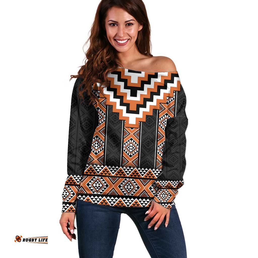 Orange Taniko Pattern Aotearoa Off Shoulder Sweater Niho Taniwha Mix Poutama LT14
