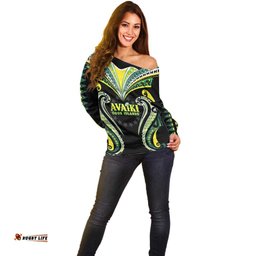 Custom Rugby Cook Islands Avaiki Off Shoulder Sweater Black Kuki Airani Tribal Maori Inspired LT9
