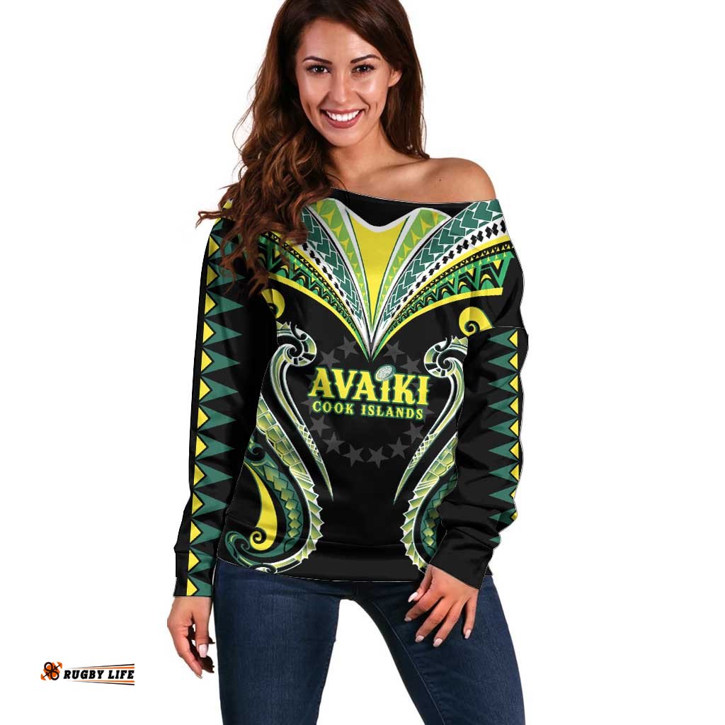 Custom Rugby Cook Islands Avaiki Off Shoulder Sweater Black Kuki Airani Tribal Maori Inspired LT9