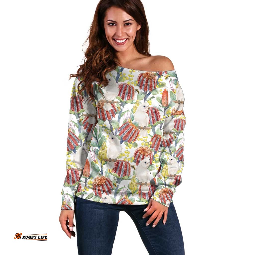 Little Corella Australia Cockatoo Off Shoulder Sweater Cacatua Sanguinea Banksia Seamless White LT14