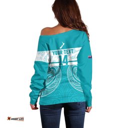 New Zealand Silver Fern Cricket Custom Off Shoulder Sweater Black Cap Teal Maori Pattern LT14