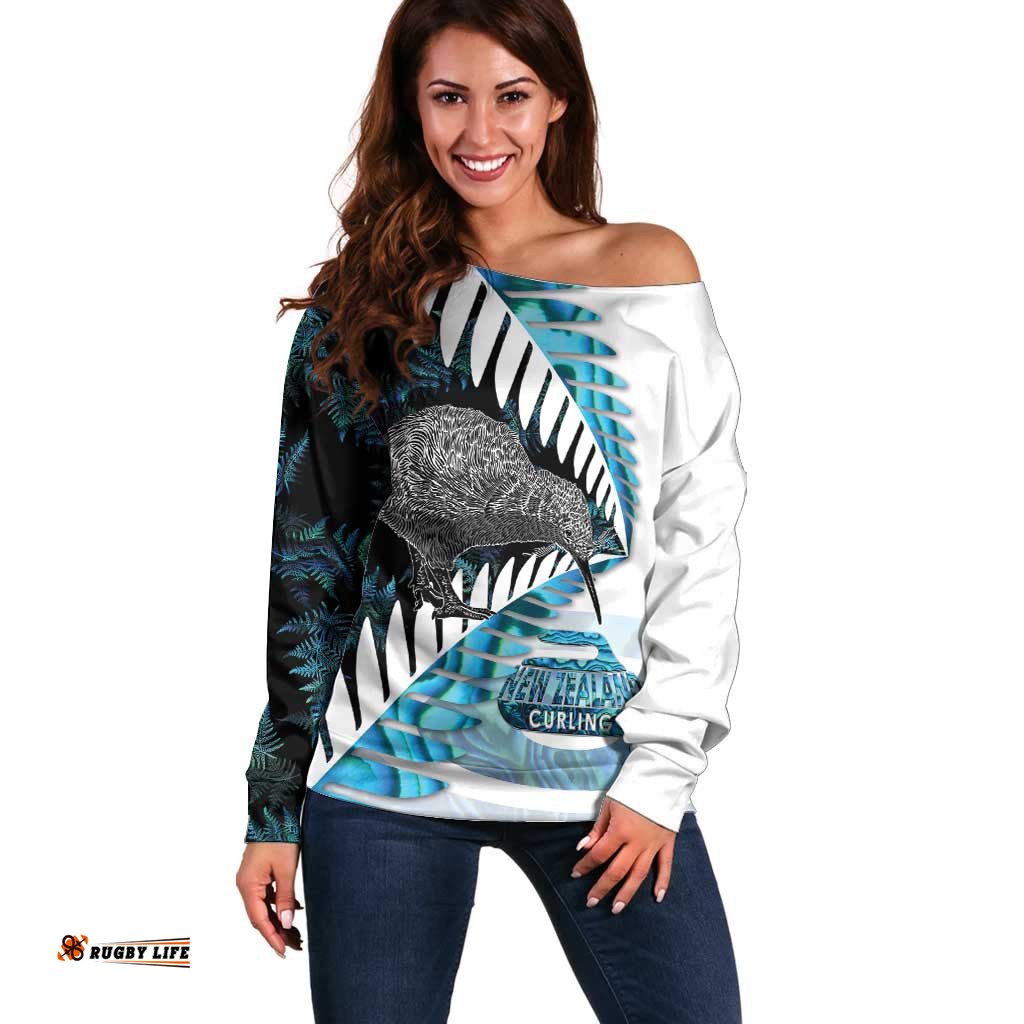 New Zealand Silver Fern Curling Personalised Off Shoulder Sweater Aotearoa Kiwi Ponga Paua Shell Version LT14