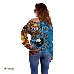 Personalised Australia and Fiji Together Off Shoulder Sweater Tribal Palm Tree with Tapa and Aboriginal Animals Half Style LT03