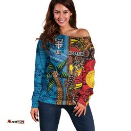 Personalised Australia and Fiji Together Off Shoulder Sweater Tribal Palm Tree with Tapa and Aboriginal Animals Half Style LT03