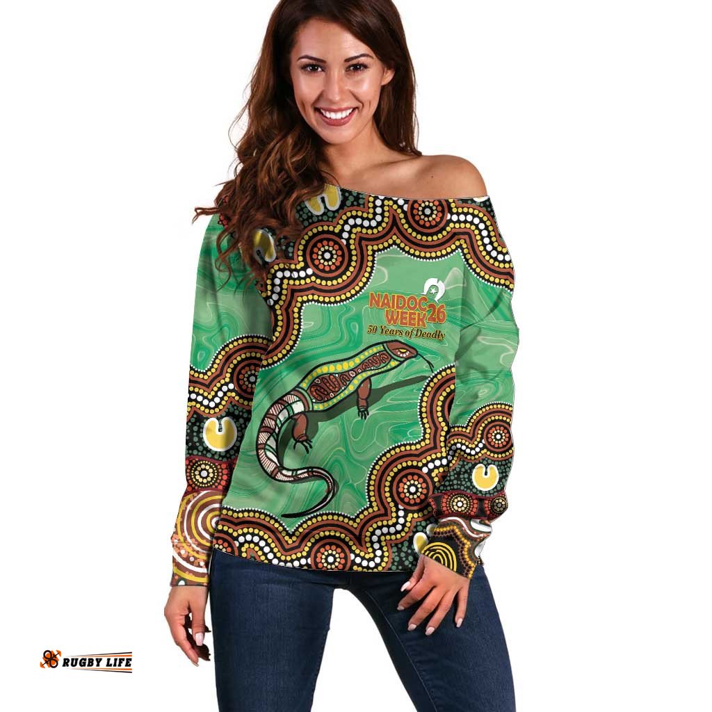 Personalised Australia Goanna NAIDOC Week 2026 Off Shoulder Sweater 50 Years of Deadly Aboriginal Art LT14