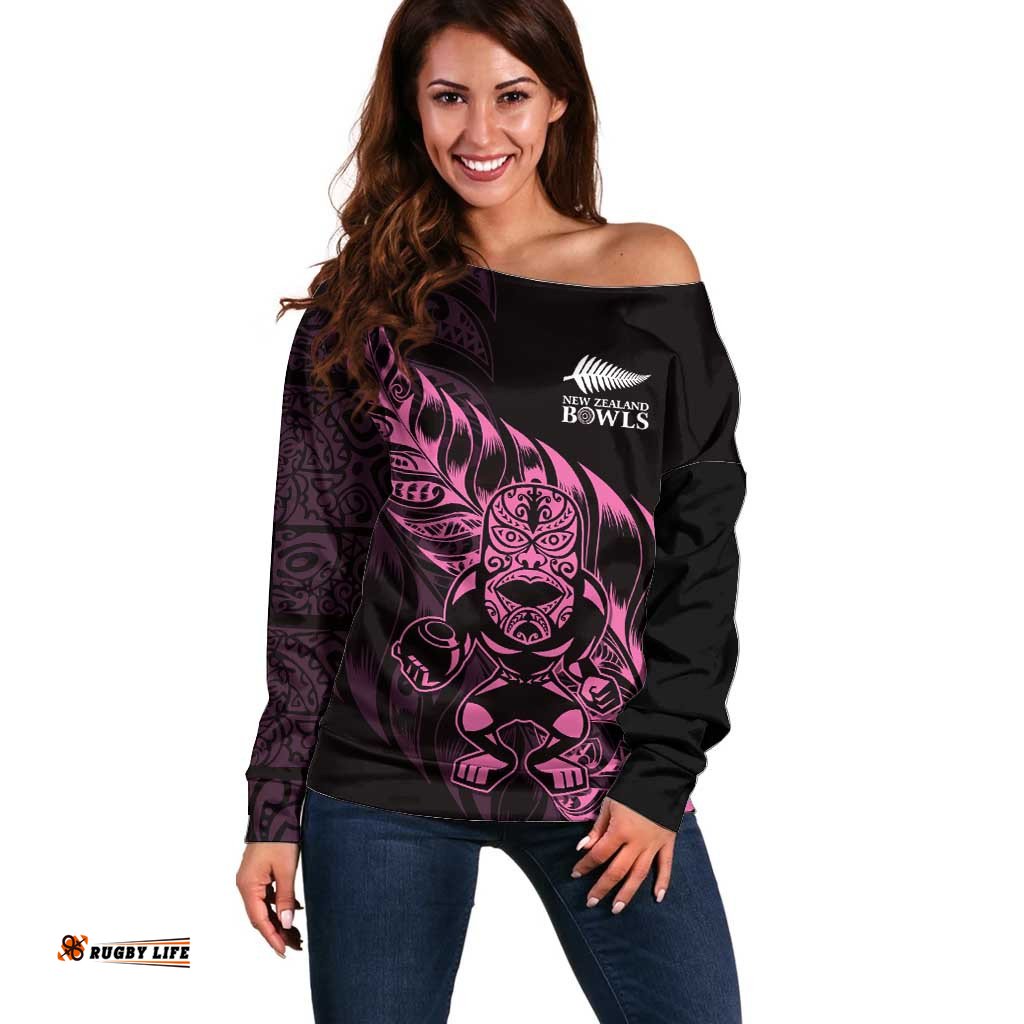 New Zealand Lawn Bowls Custom Off Shoulder Sweater Pink Maori Warrior Tribal Silver Fern LT9
