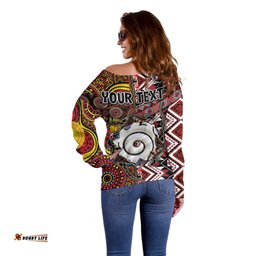 Personalised Aotearoa and Australia Together Off Shoulder Sweater Koru and Kangaroo - Taniko with Aboriginal Motif LT03