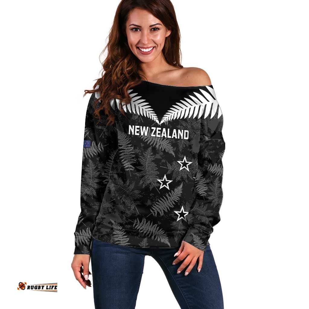 Custom New Zealand Silver Fern Football Off Shoulder Sweater Go Aotearoa Grunge Black LT14