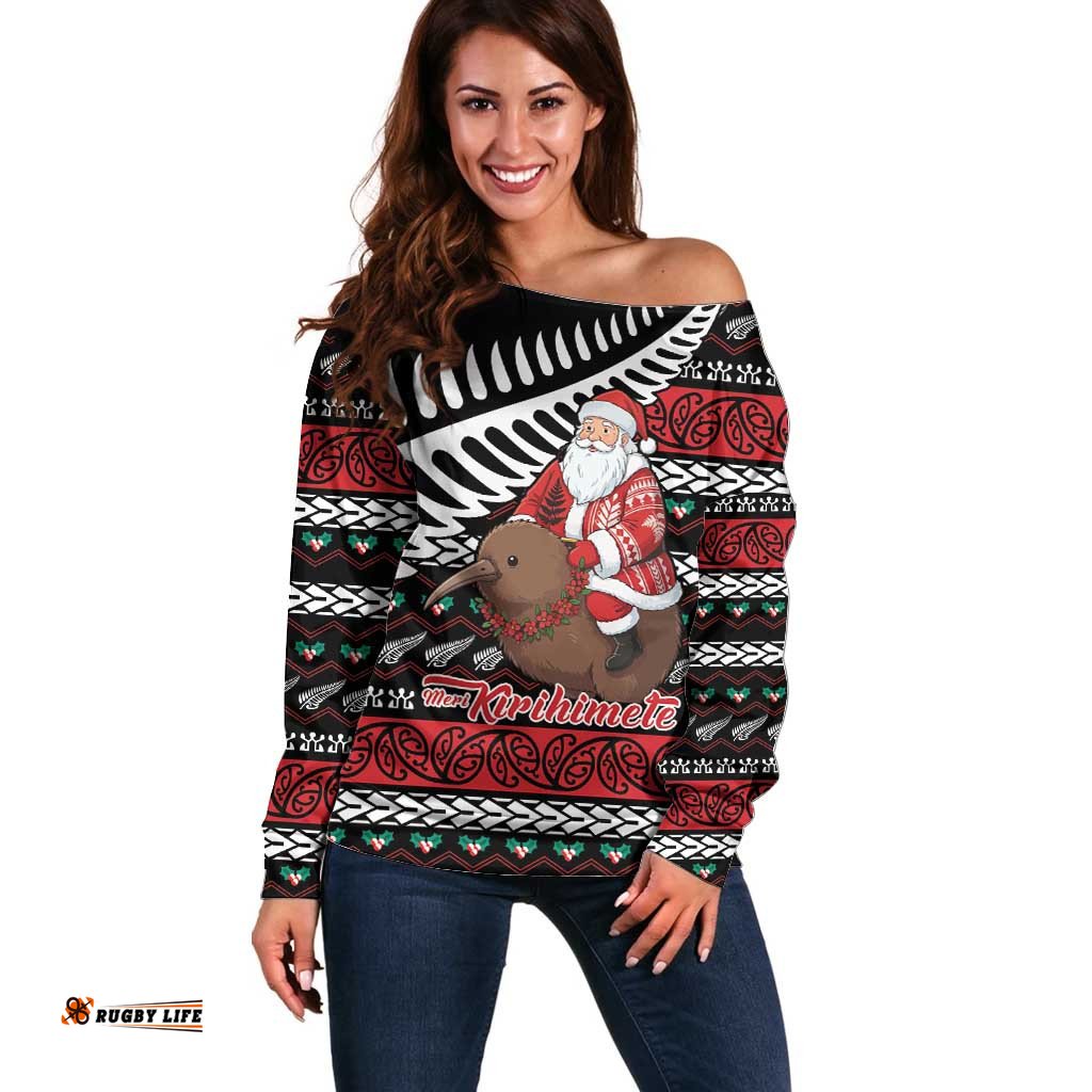 New Zealand Kiwi Santa Christmas Off Shoulder Sweater He Wairua Kirihimete LT9