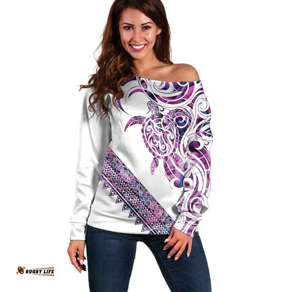 Mawhero Paua shell Kowhaiwhai Taniko Personalised Off Shoulder Sweater Turtle Tattoo Maori Tribal Style LT9