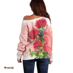 New Zealand Fantail Off Shoulder Sweater Maori Koru With Pohutukawa Flowers LT05