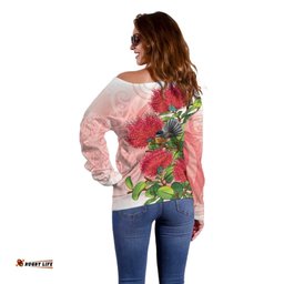 New Zealand Fantail Off Shoulder Sweater Maori Koru With Pohutukawa Flowers LT05