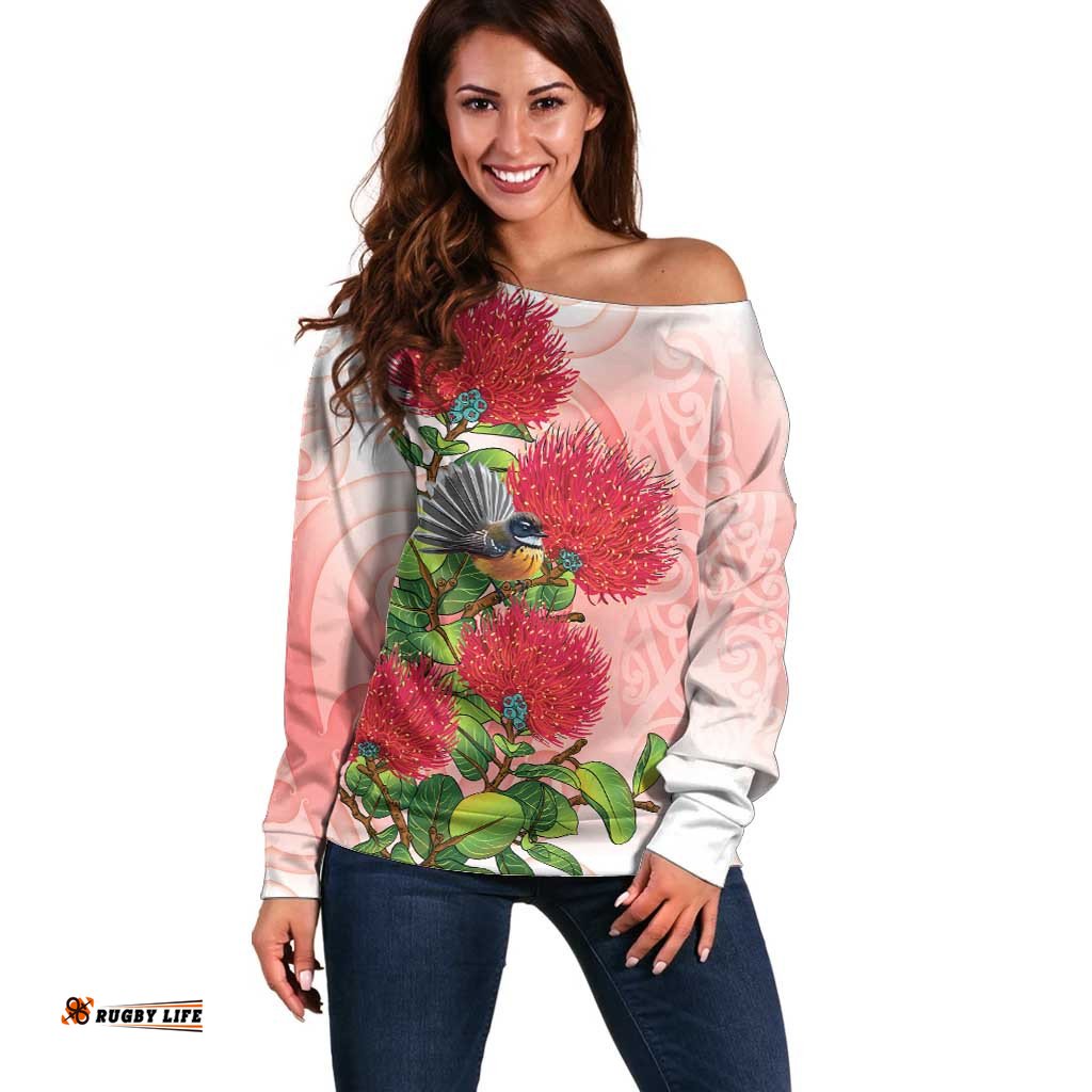 New Zealand Fantail Off Shoulder Sweater Maori Koru With Pohutukawa Flowers LT05