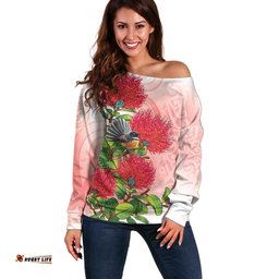 New Zealand Fantail Off Shoulder Sweater Maori Koru With Pohutukawa Flowers LT05