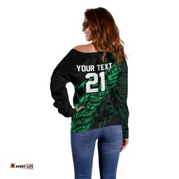 New Zealand Lawn Bowls Custom Off Shoulder Sweater Green Maori Warrior Tribal Silver Fern LT9