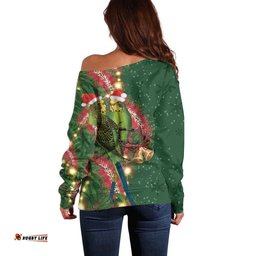 Green Budgerigars on Callistemon Off Shoulder Sweater Merry Christmas Aussie LT7