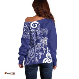 New Zealand Sea Animals with Maori Tribal Tattoo Off Shoulder Sweater Blue Color LT03