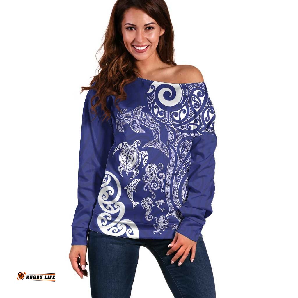 New Zealand Sea Animals with Maori Tribal Tattoo Off Shoulder Sweater Blue Color LT03
