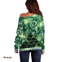 Matariki New Zealand Off Shoulder Sweater NZ Niho Taniwha Maori New Year Green Galaxy LT14