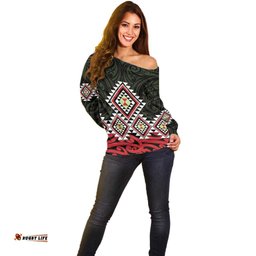 Kia Ora Aotearoa Off Shoulder Sweater 2025 Pasifika Maori Taniko Motifs LT14