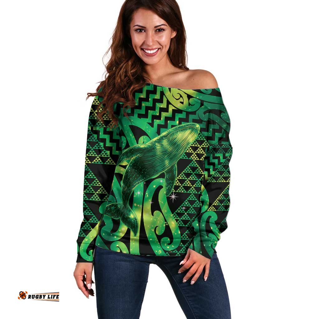 Humpback Whale Matariki New Zealand Off Shoulder Sweater NZ Maori Paikea Poutama Luxury Green LT14