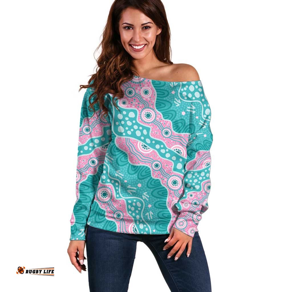 Hereditary Cancer Awareness Australia Indigenous Off Shoulder Sweater Pink and Teal LT7