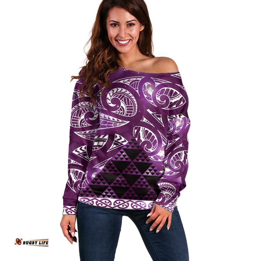 Matariki New Zealand Off Shoulder Sweater NZ Niho Taniwha Maori New Year Purple Galaxy LT14
