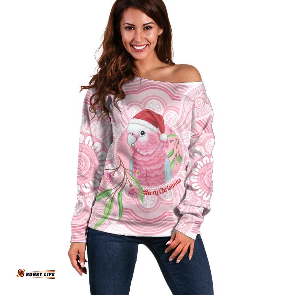 Funny Pink Galah Australia Christmas Off Shoulder Sweater Eucalyptus Blossoms Aboriginal Art LT14