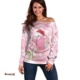 Funny Pink Galah Australia Christmas Off Shoulder Sweater Eucalyptus Blossoms Aboriginal Art LT14