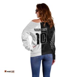 Custom New Zealand Football Off Shoulder Sweater Silver Fern and Maori Tribal Black White Half Sporty Style LT03