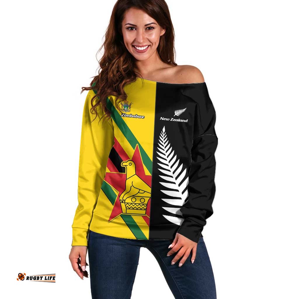Custom New Zealand and Zimbabwe Off Shoulder Sweater NZ Fern Zim Flag Half Style LT14