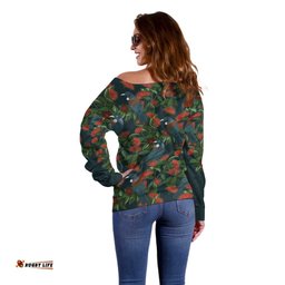 New Zealand Christmas Off Shoulder Sweater Romantic Tui Birds on Pohutukawa - Cobalt LT7
