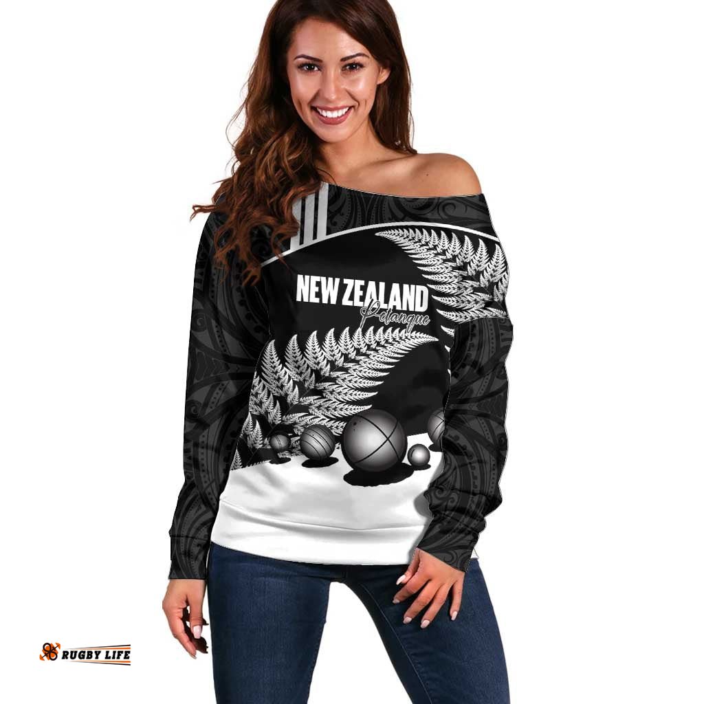 Custom New Zealand Silver Fern Petanque Off Shoulder Sweater Aotearoa Maori Pattern LT14