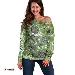 Personalised NAIDOC Week 50 Years Deadly Always Off Shoulder Sweater Green Aboriginal Artwork Dot Painting LT9