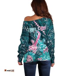 Personalised Hereditary Cancer Awareness Off Shoulder Sweater Hope Ribbon With Aussie Teal Duncan Coral DT05