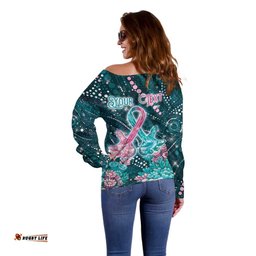 Personalised Hereditary Cancer Awareness Off Shoulder Sweater Hope Ribbon With Aussie Teal Duncan Coral DT05