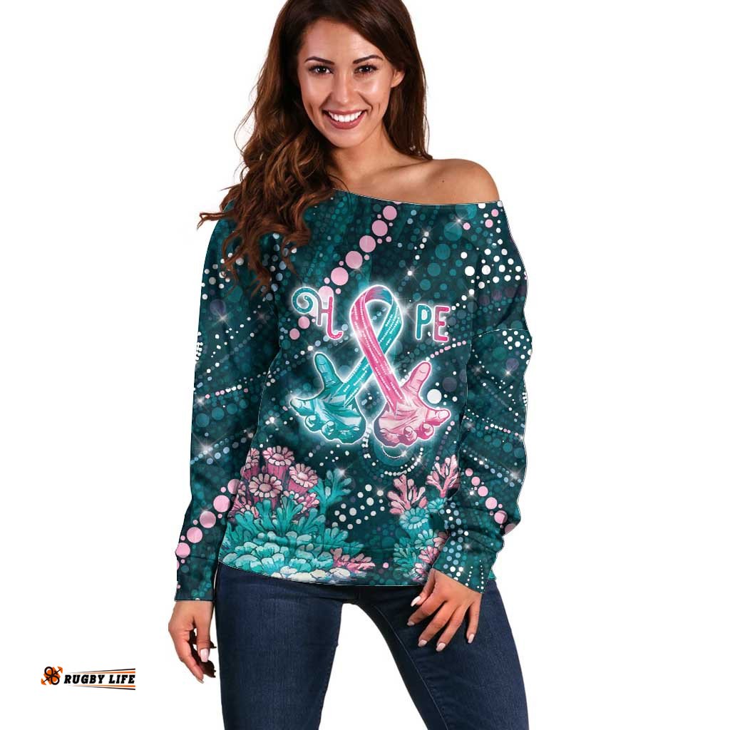 Personalised Hereditary Cancer Awareness Off Shoulder Sweater Hope Ribbon With Aussie Teal Duncan Coral DT05