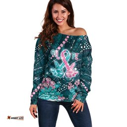 Personalised Hereditary Cancer Awareness Off Shoulder Sweater Hope Ribbon With Aussie Teal Duncan Coral DT05