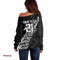 New Zealand Lawn Bowls Custom Off Shoulder Sweater Black Maori Warrior Tribal Silver Fern LT9