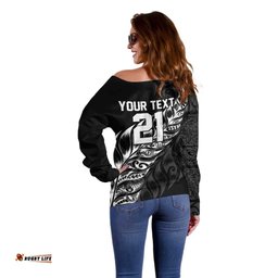 New Zealand Lawn Bowls Custom Off Shoulder Sweater Black Maori Warrior Tribal Silver Fern LT9