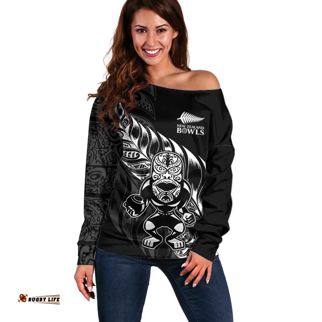 New Zealand Lawn Bowls Custom Off Shoulder Sweater Black Maori Warrior Tribal Silver Fern LT9
