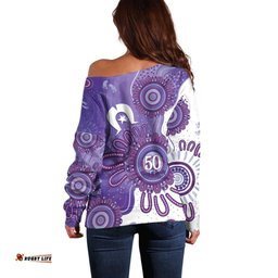 NAIDOC Week 2026 Off Shoulder Sweater 50 Years Deadly Dhari Purple Aboriginal Art LT14