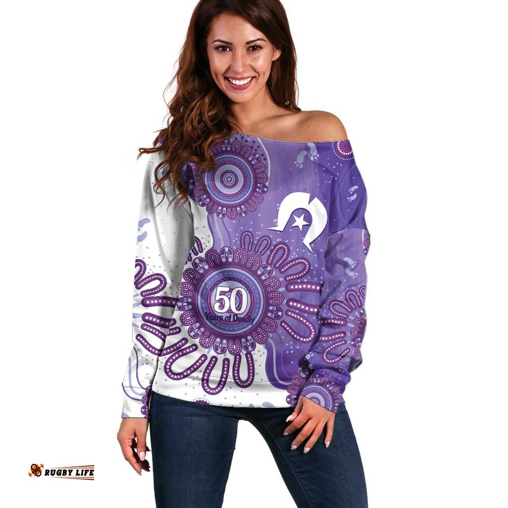 NAIDOC Week 2026 Off Shoulder Sweater 50 Years Deadly Dhari Purple Aboriginal Art LT14