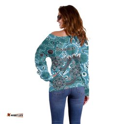 Personalised NAIDOC Week 50 Years Deadly Always Off Shoulder Sweater Teal Aboriginal Artwork Dot Painting LT9