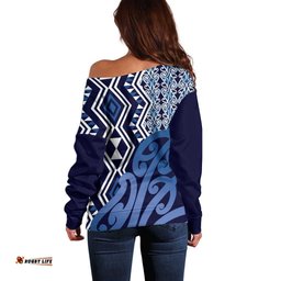 New Zealand Off Shoulder Sweater Aotearoa Kowhaiwhai Mix Taniko Art - Blue LT14