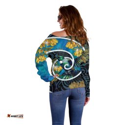 New Zealand Tui Bird Off Shoulder Sweater Maori Koru With Kowhai Flowers LT05