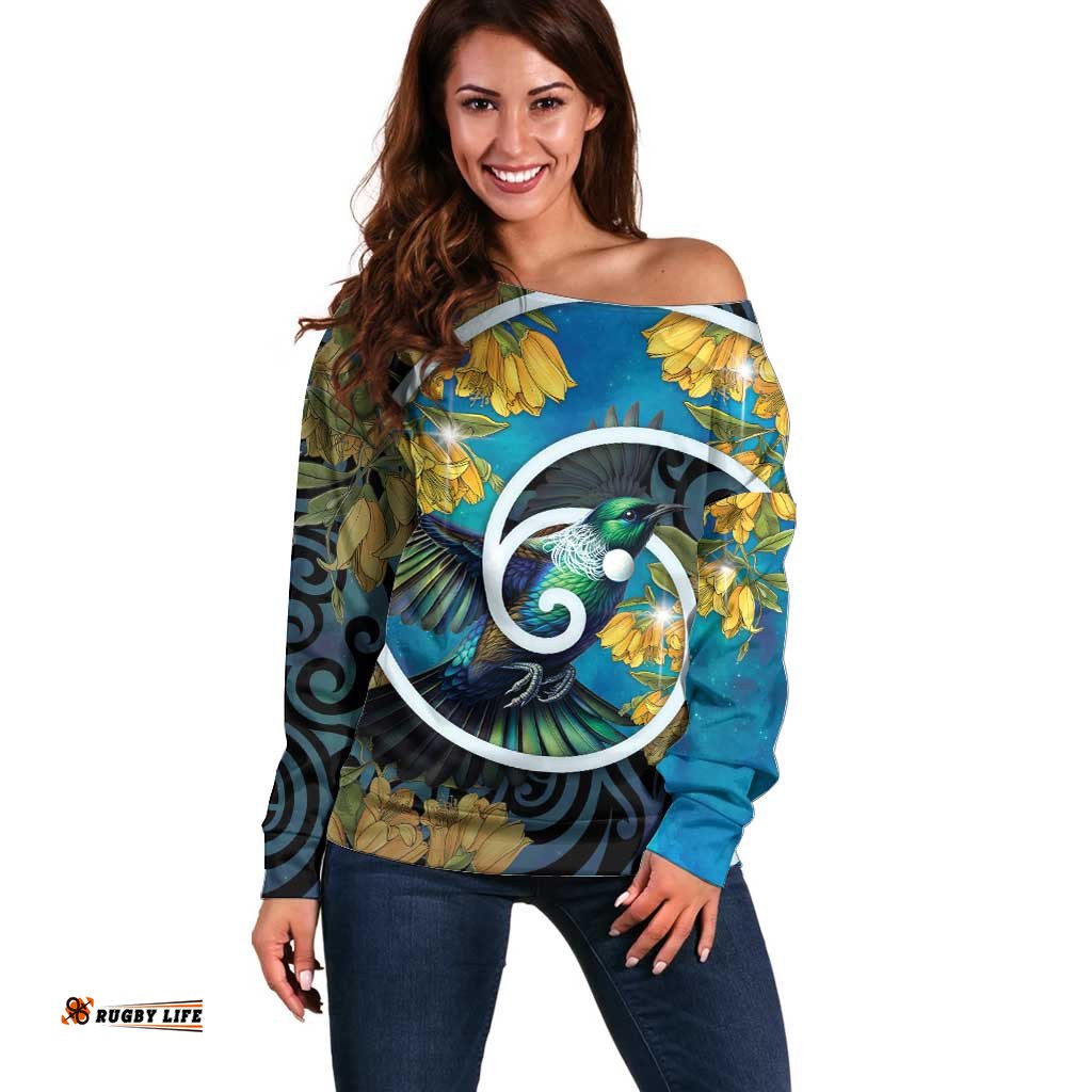 New Zealand Tui Bird Off Shoulder Sweater Maori Koru With Kowhai Flowers LT05