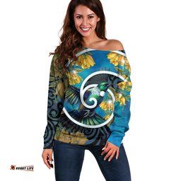 New Zealand Tui Bird Off Shoulder Sweater Maori Koru With Kowhai Flowers LT05