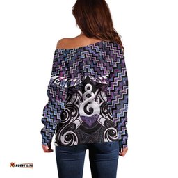 New Zealand Maori Off Shoulder Sweater Poutama Pikorua Purple Paua Shell LT05