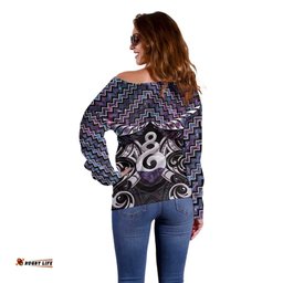 New Zealand Maori Off Shoulder Sweater Poutama Pikorua Purple Paua Shell LT05